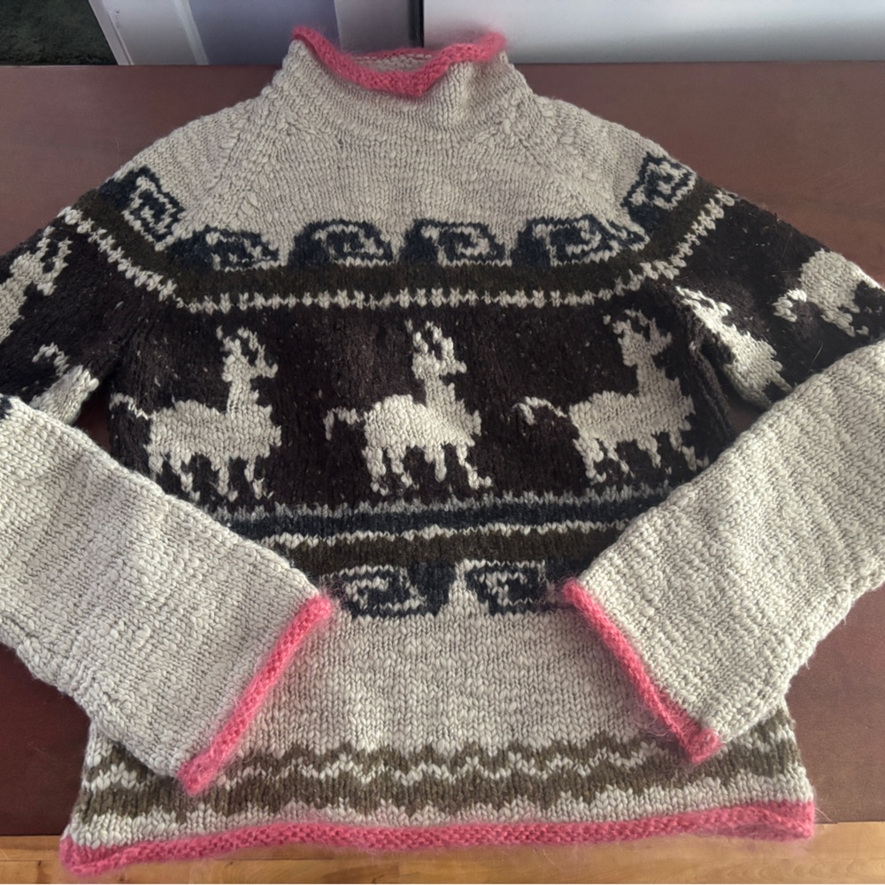 GORGEOUS Vintage J. Crew Handknit Women's Alpaca Sweater - Oatmeal, Brown, Coral